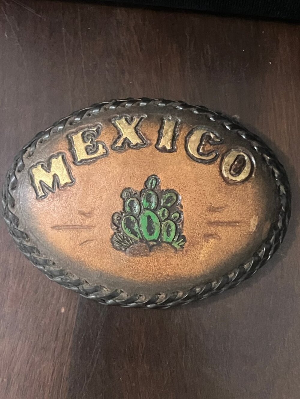 Vintage Tooled & Painted Mexico Souvenir Leather Belt Buckle Cactus Aluminum